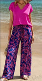 Women's Solid V - Neck Short Sleeve Top And Botanical Print Pants - UrbanNest Co