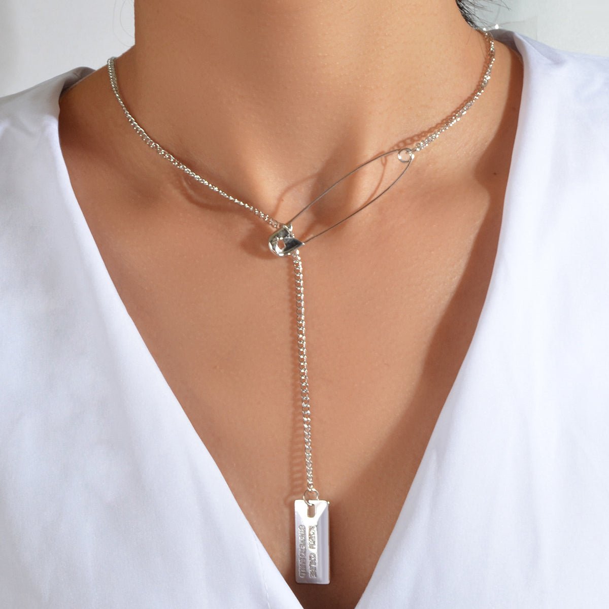 Punk Hip Hop Goth Style Gold Silver Chain Pin Square Pendant Y Lariat Necklace - UrbanNest Co