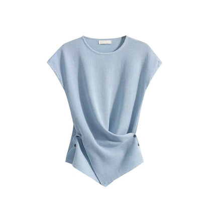 Blue Short Sleeve T-Shirt for Women with Small Flared Sleeves Regular Shoulder Knitted Ice Silk DesignShort Length Summer Style Top - UrbanNest Co