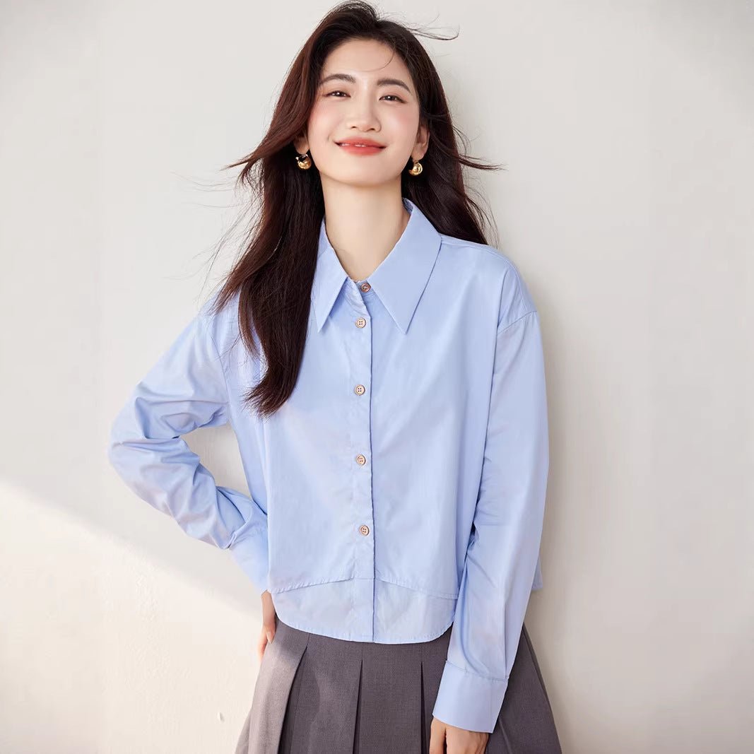Elegant False Two - Piece Loose Long Sleeve Shirt for Women Fashionable Versatile Turn - Down Collar Solid Color Top - UrbanNest Co