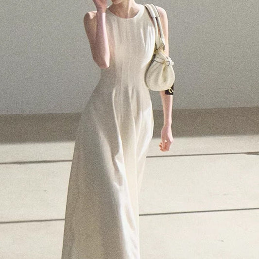 Old Money Style Gold Thread Linen Sparkle Long Dress Summer Sleeveless Fitted Waist Backless Dress - UrbanNest Co