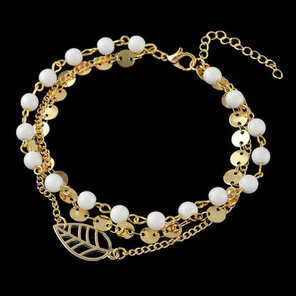1 pc Foot Beach Jewellery Gold Silver Multi - layer Chain White Beads Leaf Anklet - UrbanNest Co