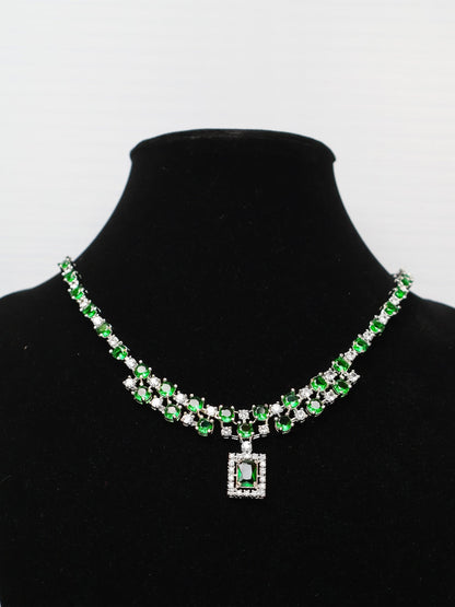 Silver Plated Green AD Necklace Set - UrbanNest Co
