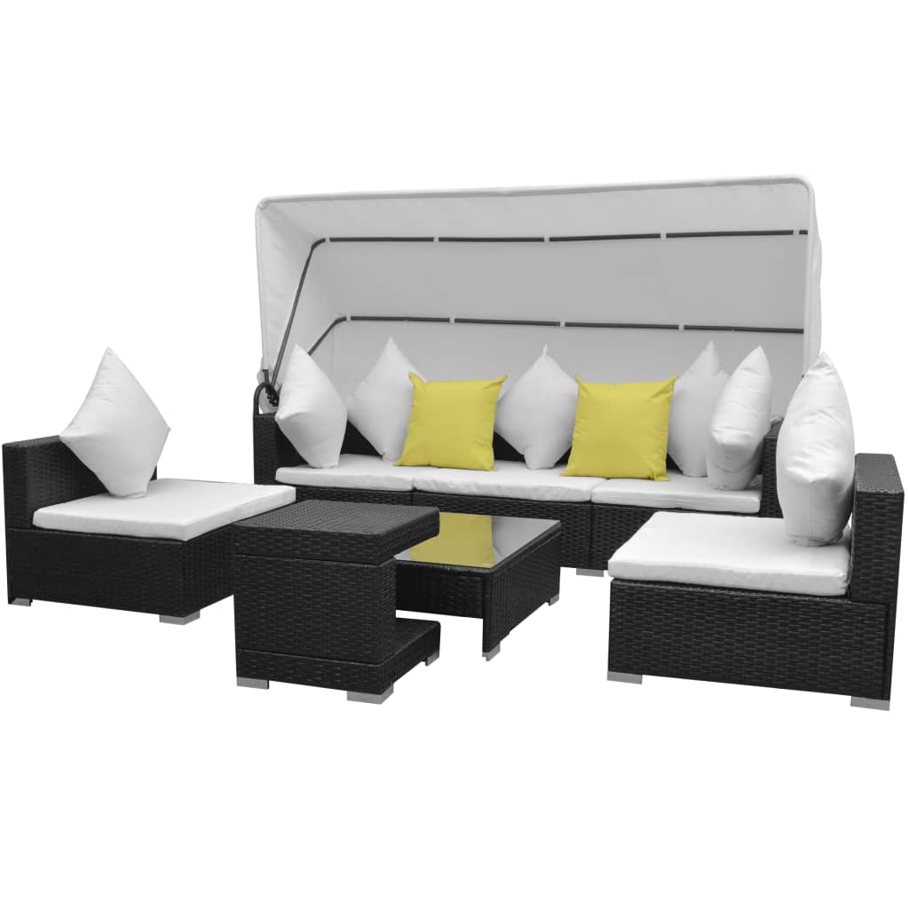 NNEVL 7 Piece Garden Lounge Set with Canopy Poly Rattan Black - UrbanNest Co