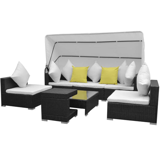 NNEVL 7 Piece Garden Lounge Set with Canopy Poly Rattan Black - UrbanNest Co