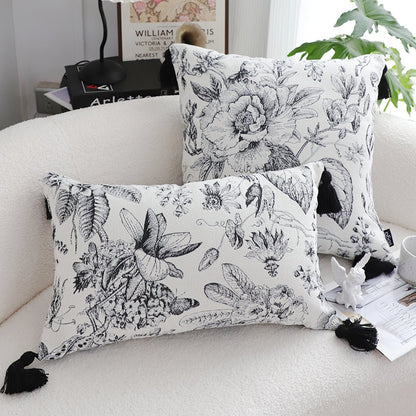 SOGA 2X 35cm Throw Pillow Black and White Floral Print Elegant with Tassel Accents Home Decor - UrbanNest Co