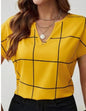 Plaid Print Notched Neck Blouse, Casual Short Sleeve Blouse For Spring - UrbanNest Co