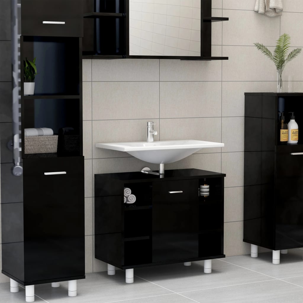 NNEVL Bathroom Cabinet High Gloss Black 60x32x53.5 cm Chipboard - UrbanNest Co