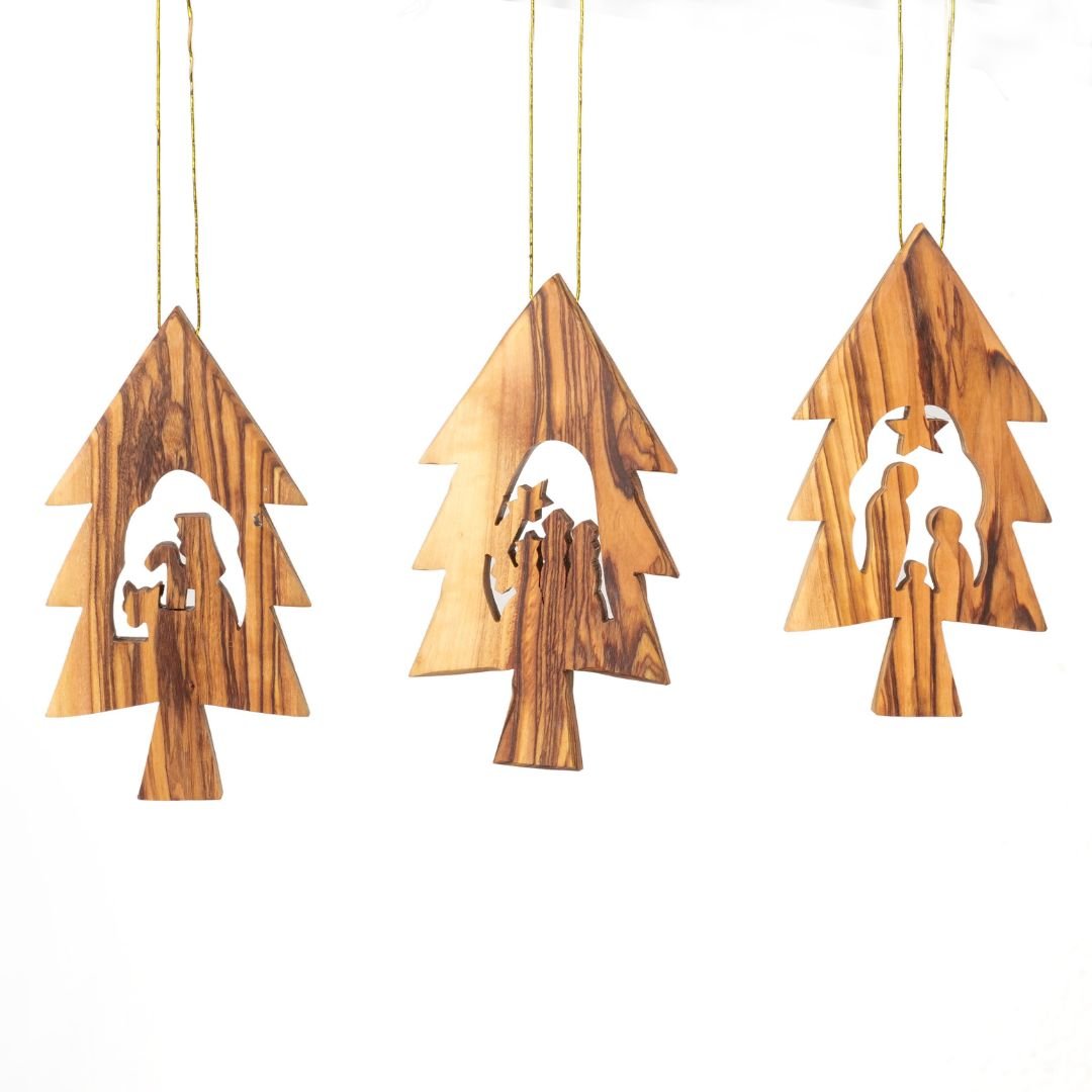 Olivenholz Krippen - Anhänger im Tannenbaum 3er Set (ohne Rinde) | Baumschmuck & Weihnachtsdeko für Advent und Weihnachten - UrbanNest Co