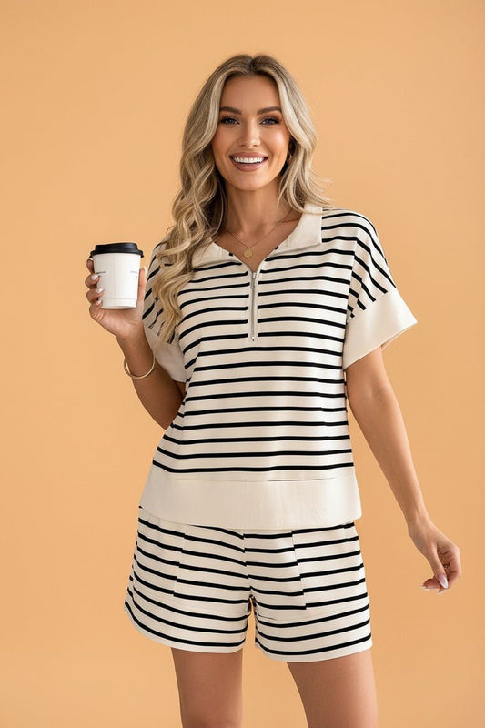 Stripe Colorblock Zip Polo & Drawstring Shorts Set - UrbanNest Co
