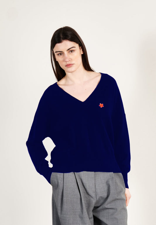 Pull col V femme en cachemire bleu marine - HANA 1 - UrbanNest Co