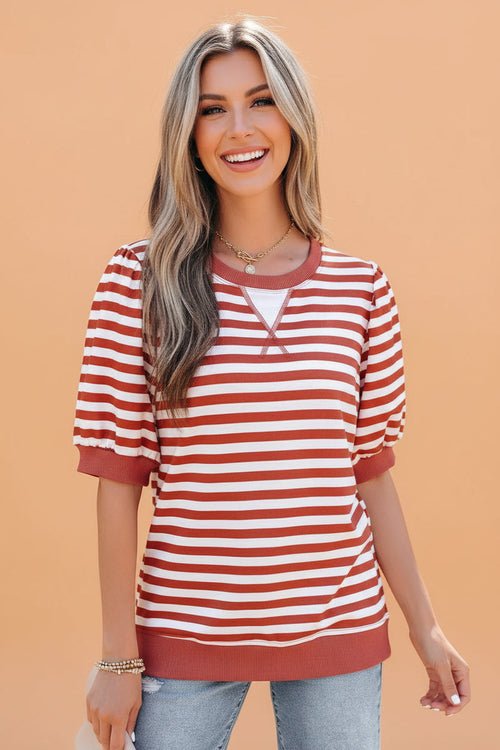 Stripe Short Bubble Sleeve T-Shirt - UrbanNest Co