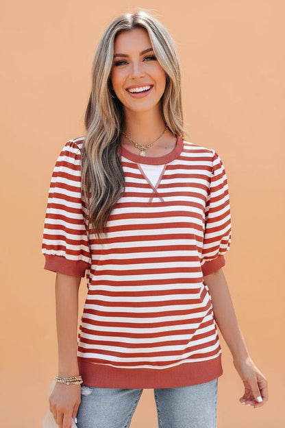 Stripe Short Bubble Sleeve T-Shirt - UrbanNest Co