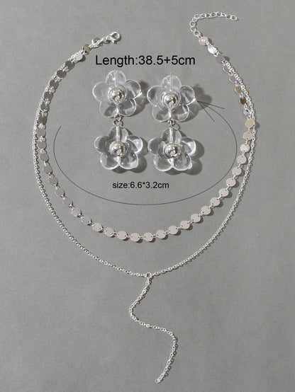 Multi - Layer Tassel Necklace Large Transparent Flower Stud Earrings Jewellery Set - UrbanNest Co