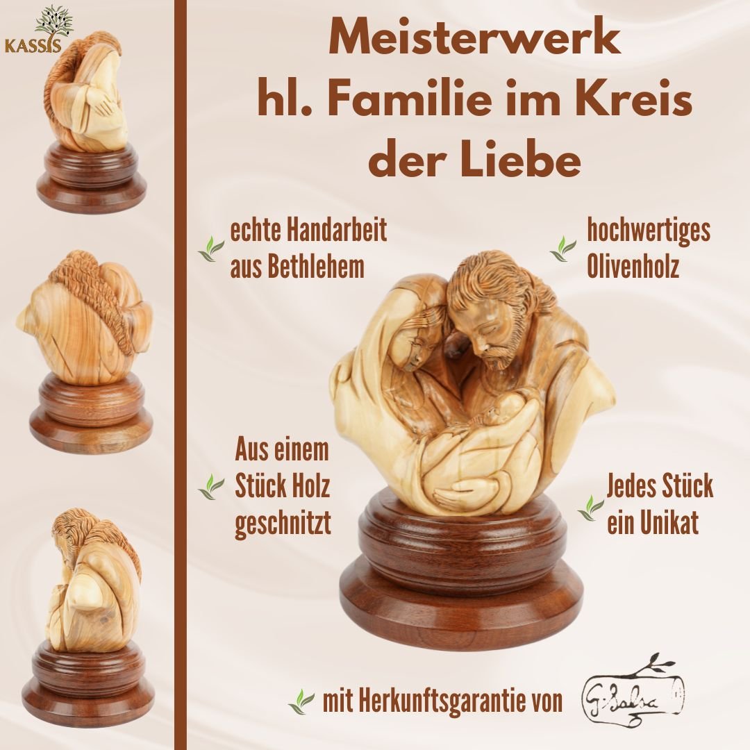 Holy Family in a circle of love – Hand - carved olive wood sculpture from Bethlehem (21 cm) - UrbanNest Co