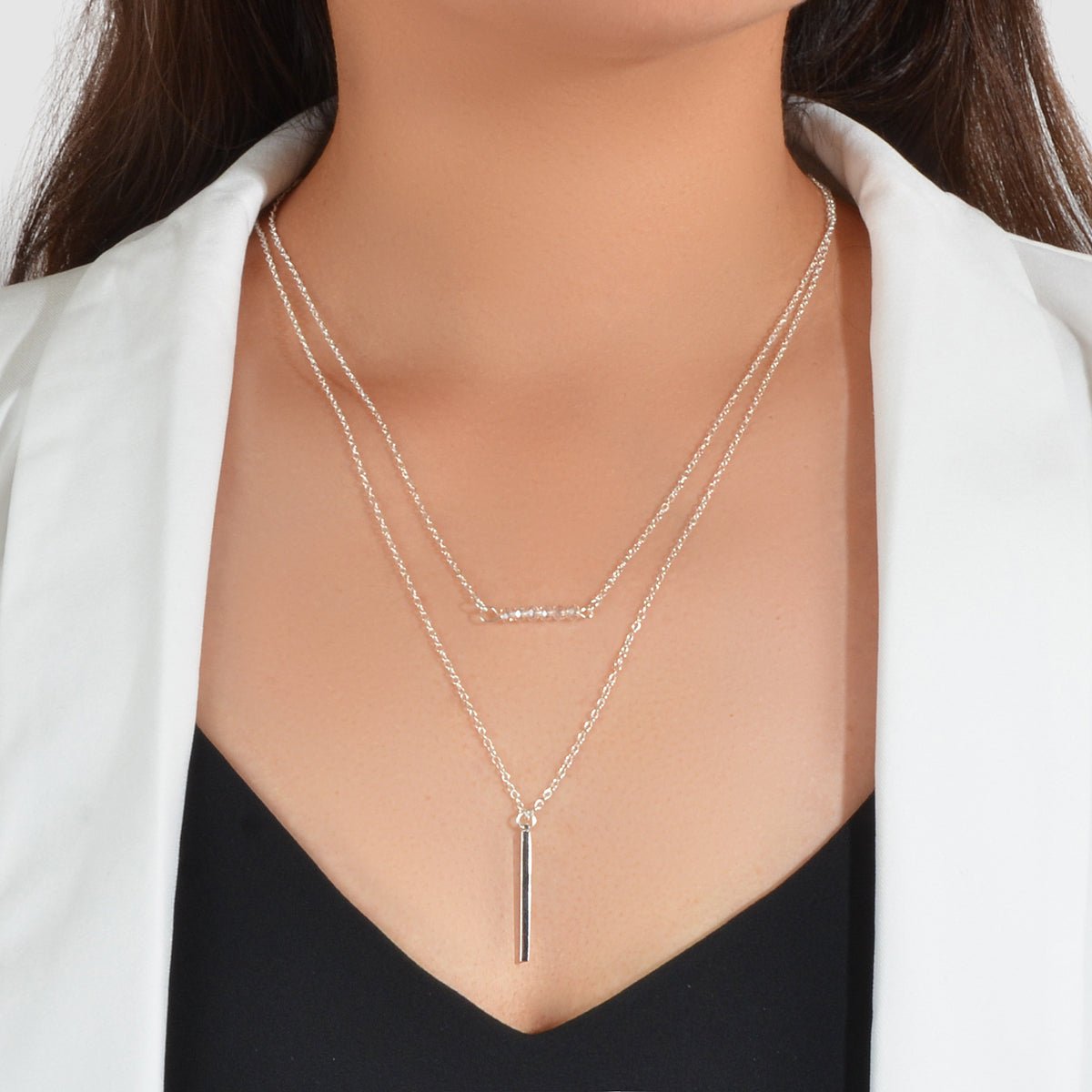 Feelontop Beads Decor Gold Silver Double layer Chain Bar Charm Necklace Jewelry - UrbanNest Co