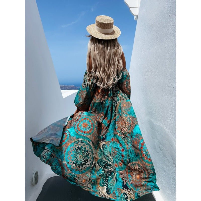 Europe and the United States summer new line collar long sleeve chest print long dress - UrbanNest Co