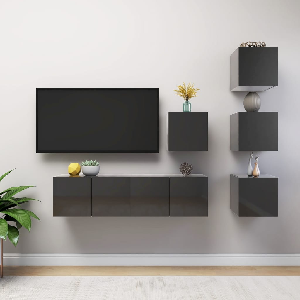 NNEVL 6 Piece TV Cabinet Set High Gloss Grey Chipboard - UrbanNest Co