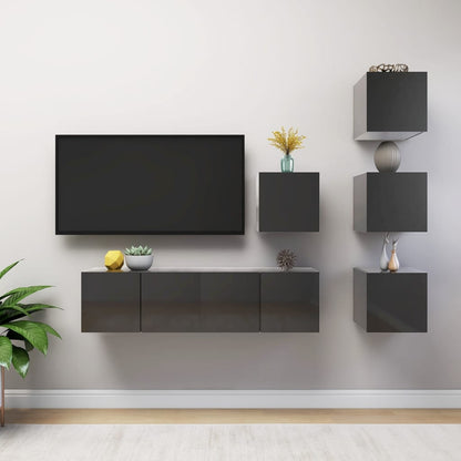 NNEVL 6 Piece TV Cabinet Set High Gloss Grey Chipboard - UrbanNest Co