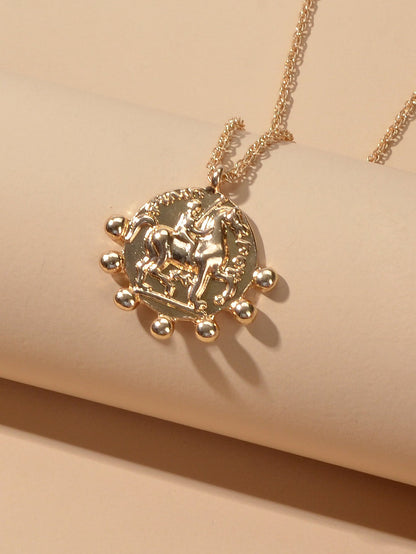 Gold Chain Carved Riding Horse Round Pendant Trendy Necklace Fashion Jewellery - UrbanNest Co