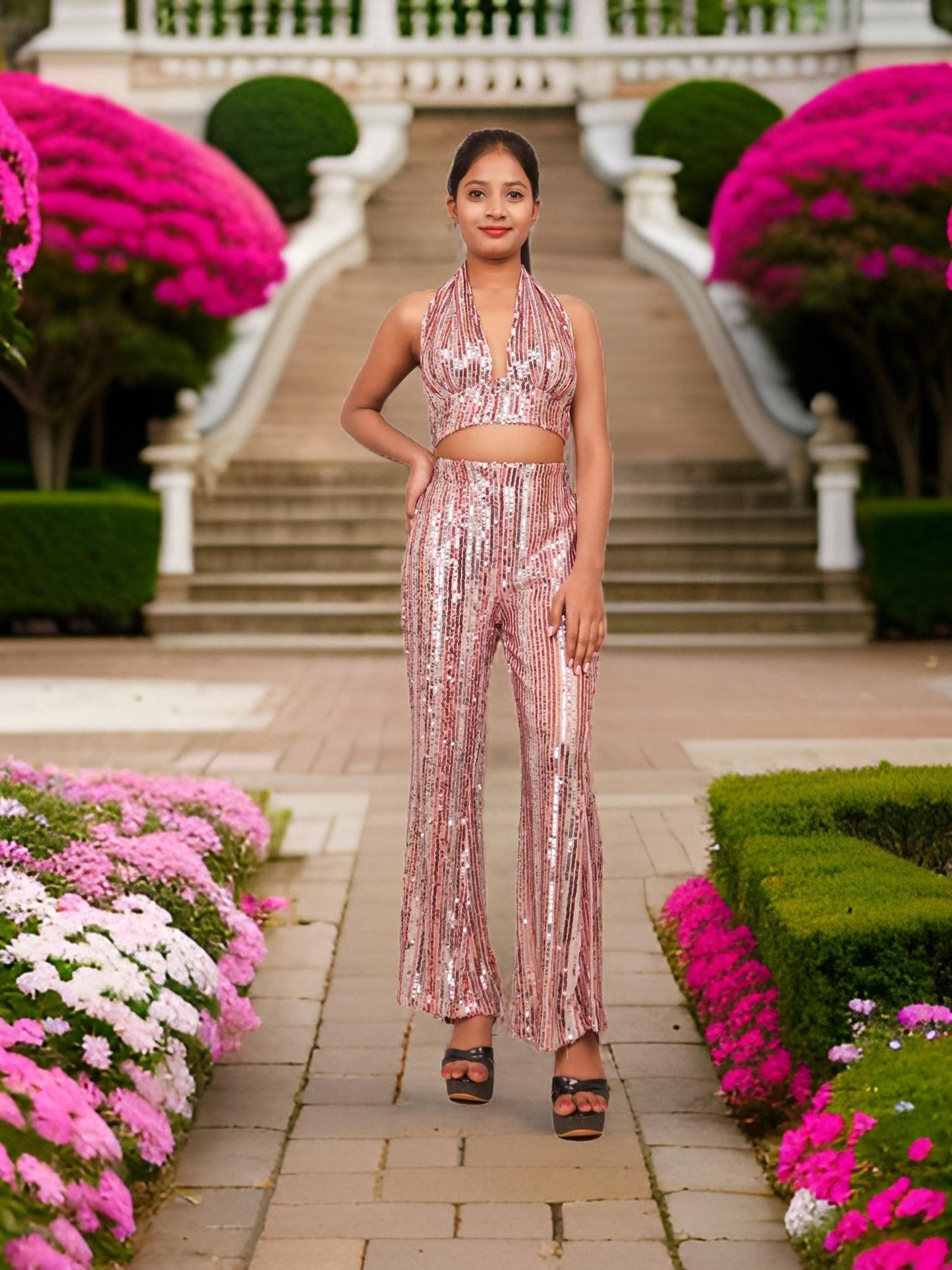 Glamour Halter Neck Sequins Bodycon Co - Ord Set by Shreekama - UrbanNest Co