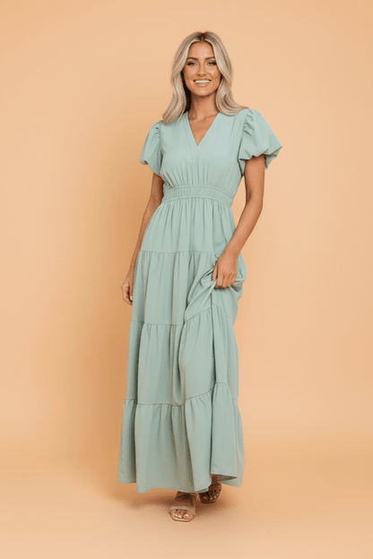 Solid V - Neck Short Puff Sleeve Tiered Maxi Dress - UrbanNest Co