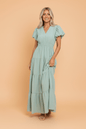Solid V - Neck Short Puff Sleeve Tiered Maxi Dress - UrbanNest Co