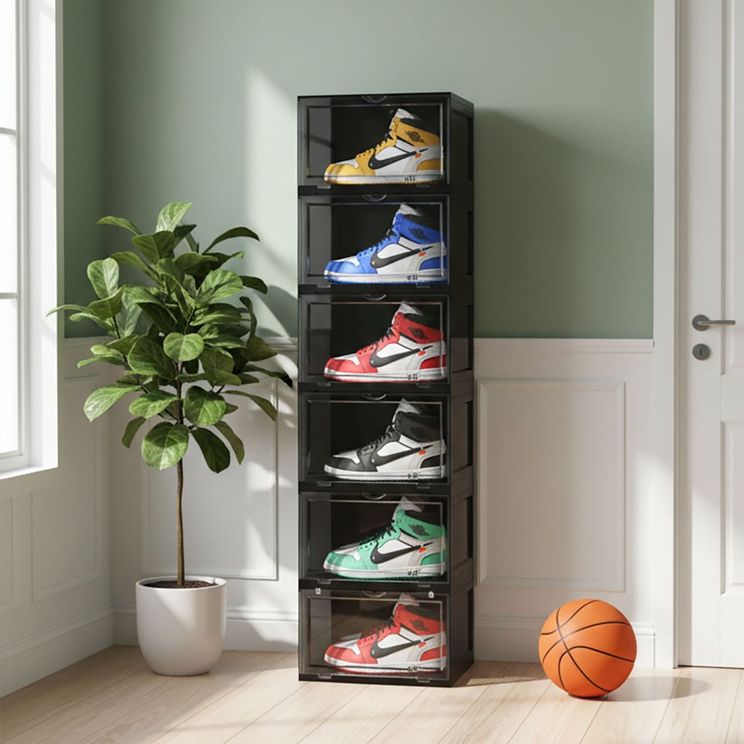 SOGA 6 Tier Black Portable Shoe Organiser Sneaker Footwear Folding Plastic Bin Stackable Storage Box with Magnetic Door - UrbanNest Co