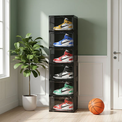 SOGA 6 Tier Black Portable Shoe Organiser Sneaker Footwear Folding Plastic Bin Stackable Storage Box with Magnetic Door - UrbanNest Co