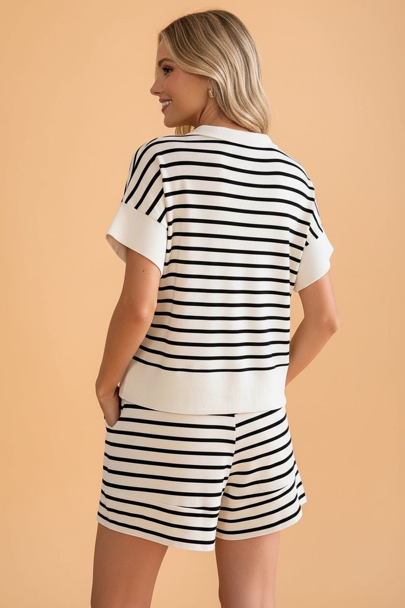 Stripe Colorblock Zip Polo & Drawstring Shorts Set - UrbanNest Co