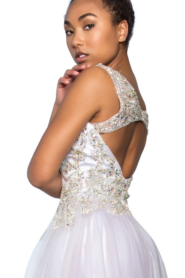 Sleeveless Tulle Long Dress with Bead Embellished Bodice and Neckline - UrbanNest Co