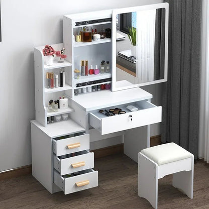 NNEOBA Elegance in Simplicity: White Dressing Table Set with Sliding Mirror & Ample Storage - UrbanNest Co
