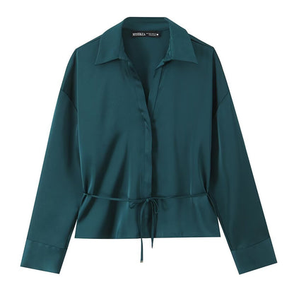 Three color satin thin waistband shirt with belt - UrbanNest Co