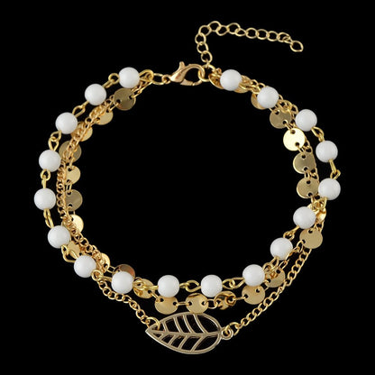 1 pc Foot Beach Jewellery Gold Silver Multi - layer Chain White Beads Leaf Anklet - UrbanNest Co