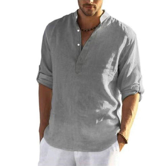 Men's Loose Fit Stand Collar Half - Open Shirt Solid Color Long Sleeve Cotton Top Big Size Shirt - UrbanNest Co