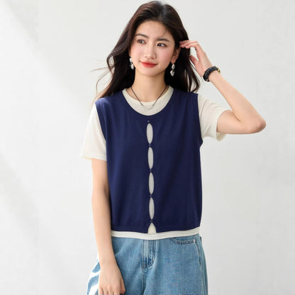 Simple Two - Piece Short Sleeve Top for WomenColor - Block Knit T-Shirt with Unique Design and Elegant Style - UrbanNest Co