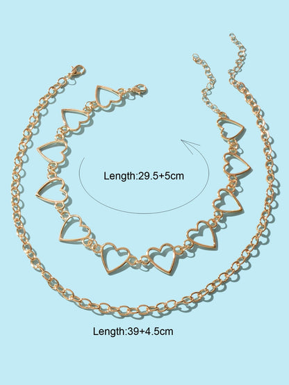 2pcs Gold Hollow out Heart Double layer Chain Clavicle Necklace Trendy Jewellery - UrbanNest Co