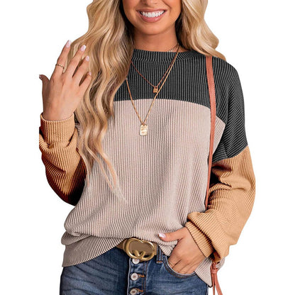 Womens Color Block Long Sleeve Crewneck Knitted Casual Pullover Tops - UrbanNest Co
