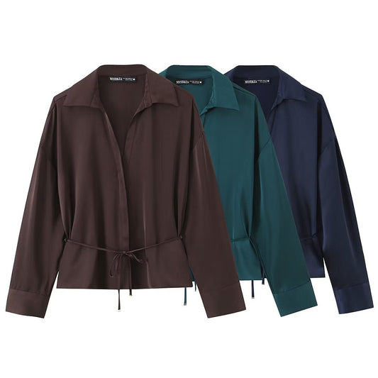 Three color satin thin waistband shirt with belt - UrbanNest Co