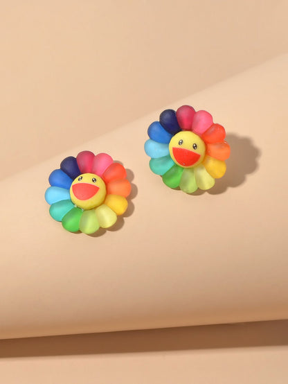 Cute Colourful Flower Acrylic Smile Face Stud Earrings Girlfriend Lover Y2k Gift - UrbanNest Co
