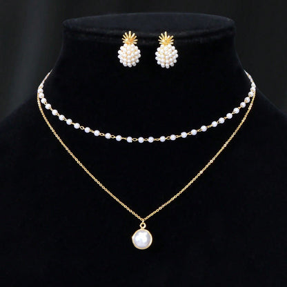 Pearl Pendant Double Layer Necklace & Pineapple Pearl Earrings Jewellery Set - UrbanNest Co