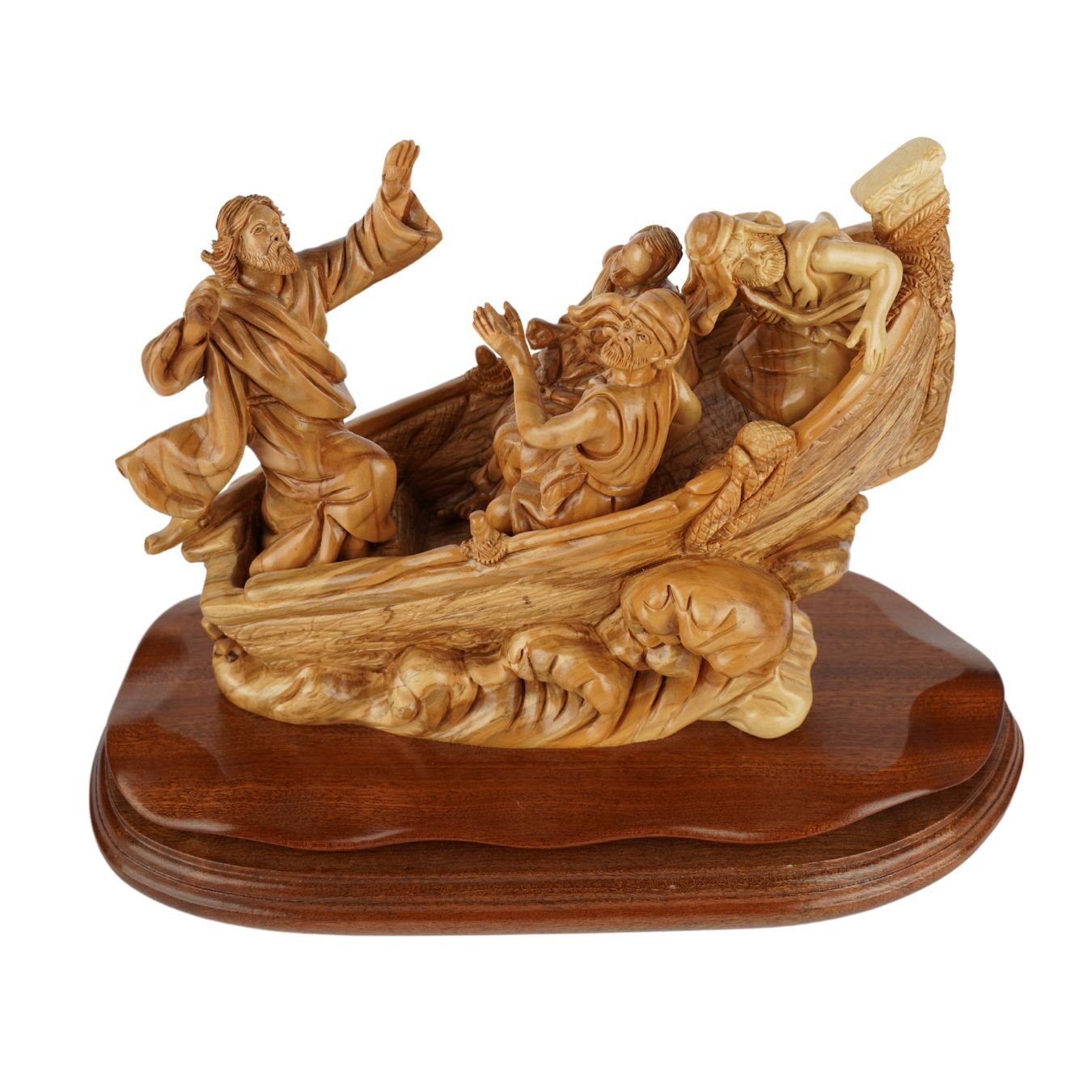 Handgeschnitzte Bootsszene „Jesus stillt den Sturm“ – Exklusive Olivenholzskulptur aus Bethlehem (36 cm) - UrbanNest Co