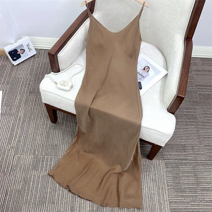 Elovey Rayon Blend Solid Color Sleeveless Dress Slim Fit Flowy Long Slip Dress Elegant Style - UrbanNest Co