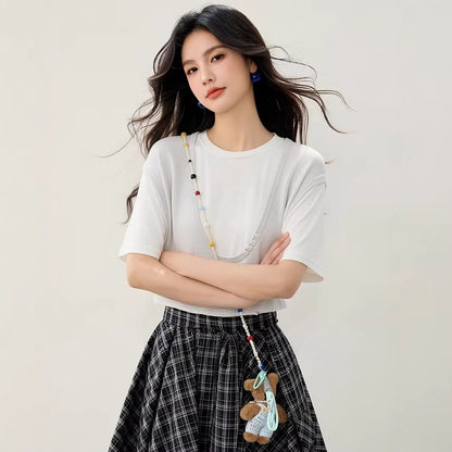 Color blocking V - neck fake two piece short sleeved T-shirt for women's summer design layered loose and slimming top - UrbanNest Co