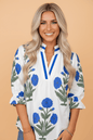 Flower Contrast V - Neck 3/4 Sleeve Blouse - UrbanNest Co