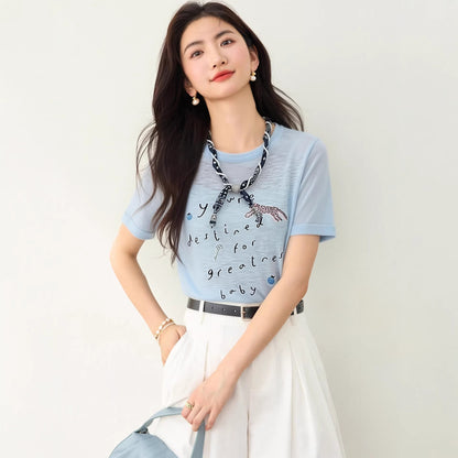 Round Neck Ice Silk Short Sleeve Knit Top for Women Fashionable Slimming Versatile Summer Top - UrbanNest Co