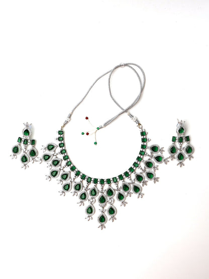 Green Stones Reverse AD Necklace Set with Earings - UrbanNest Co