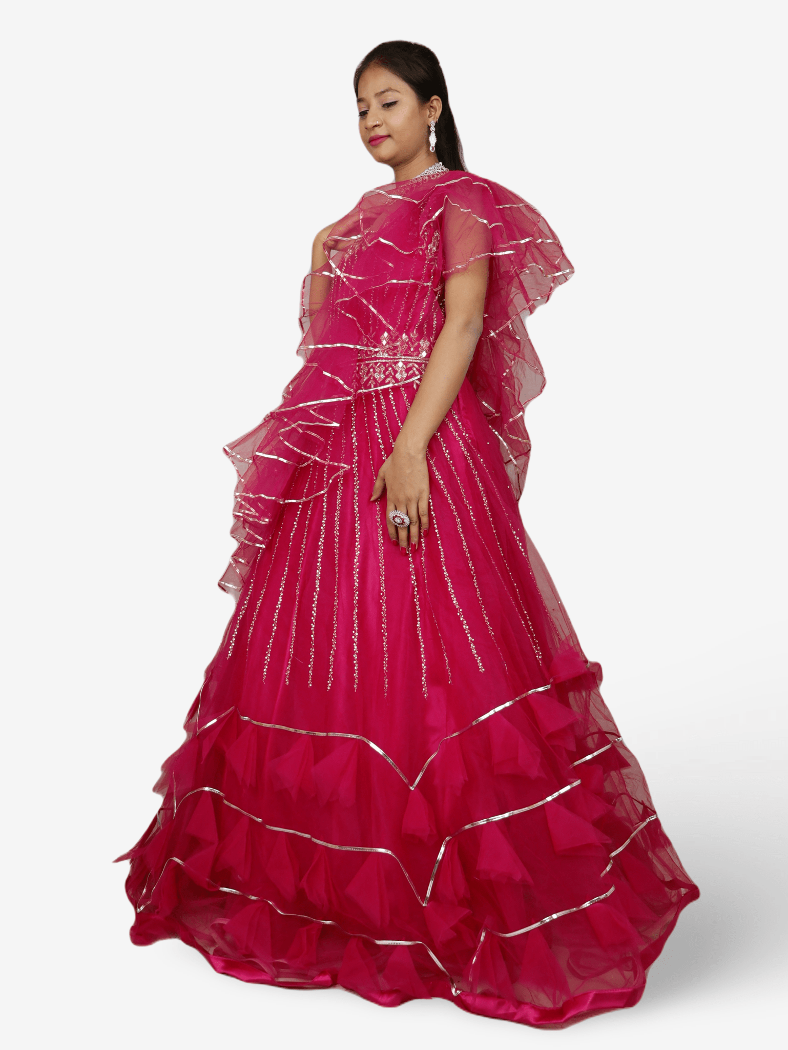 Magenta Pink Flare Gown Stone with Mirror Work for Women by Shreekama - UrbanNest Co