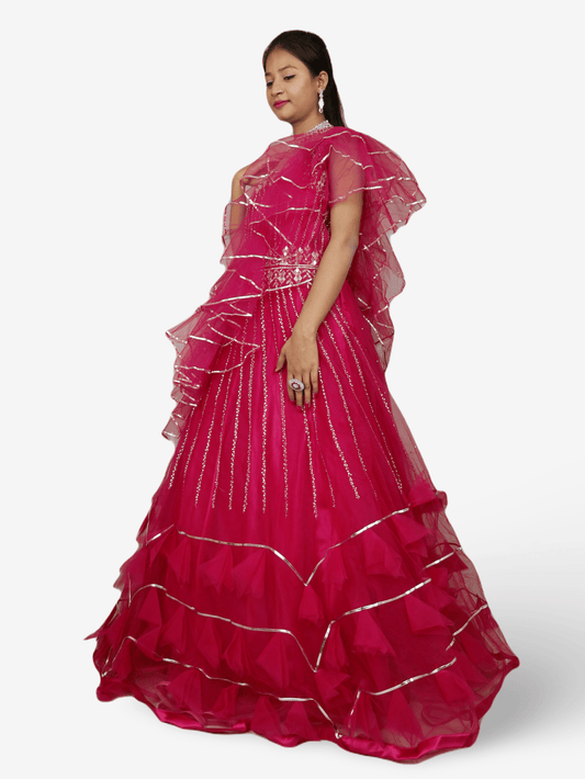 Magenta Pink Flare Gown Stone with Mirror Work for Women by Shreekama - UrbanNest Co