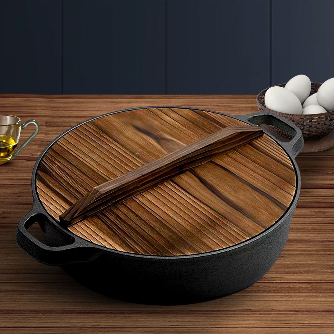 SOGA 2X 31cm Round Cast Iron Pre - seasoned Deep Baking Pizza Frying Pan Skillet with Wooden Lid - UrbanNest Co